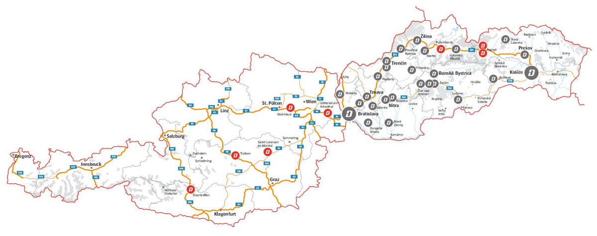 Mapa nabíjacích staníc Slovensko+Rakúsko