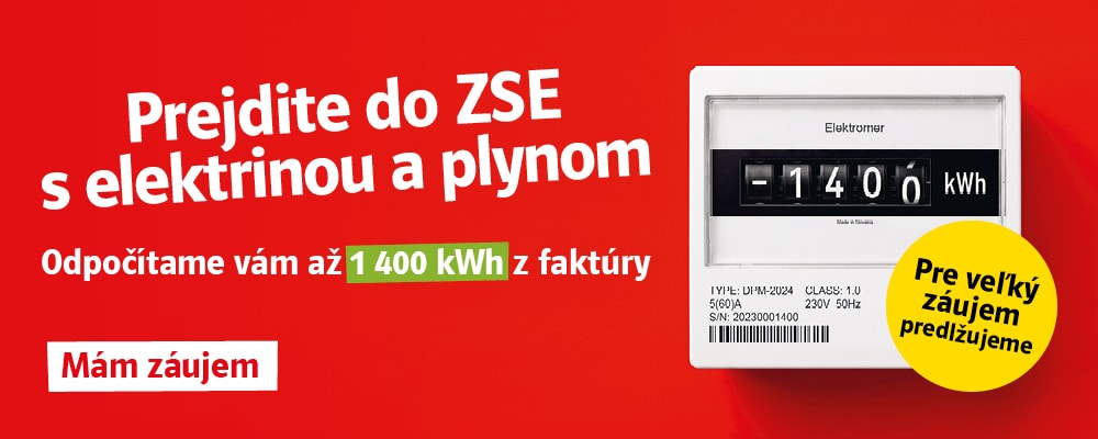 Pre veľký záujem predlžujeme. Prejdite do ZSE s elektrinou a plynom. Odpočítame vám až 1 400 kWh z faktúry. Mám záujem