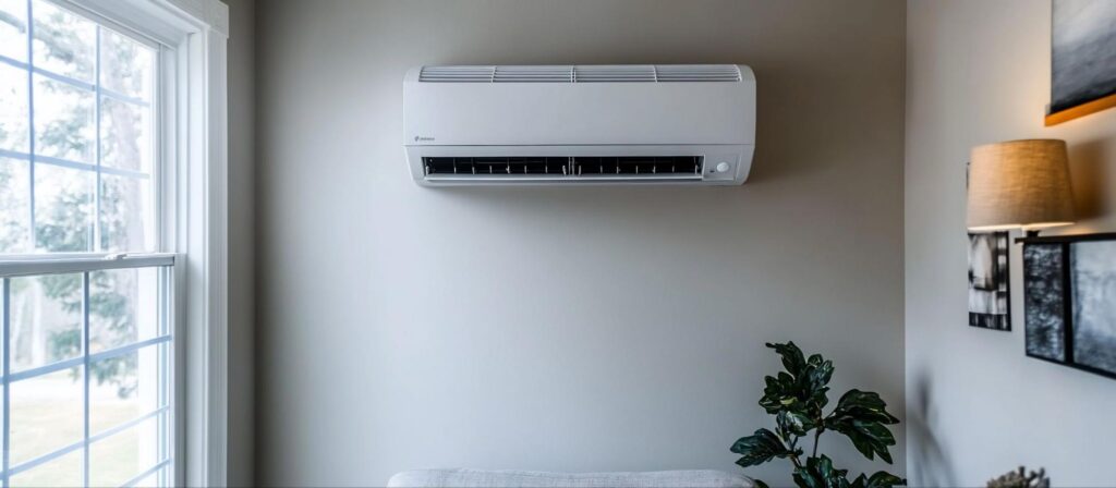 Klimatizácia umiestnená na stene vedľa okna.
