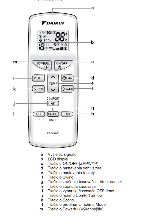 Diaľkový ovládač Daikin na klimatizáciu - manuál