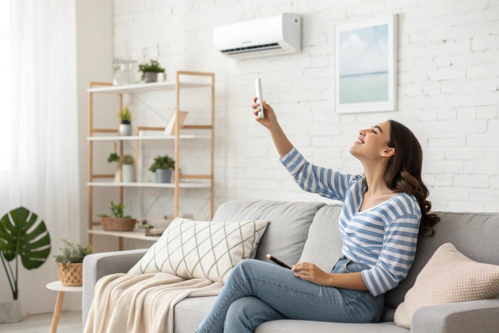 Žena nastavujúca prúdenie vzduchu klimatizáciou.