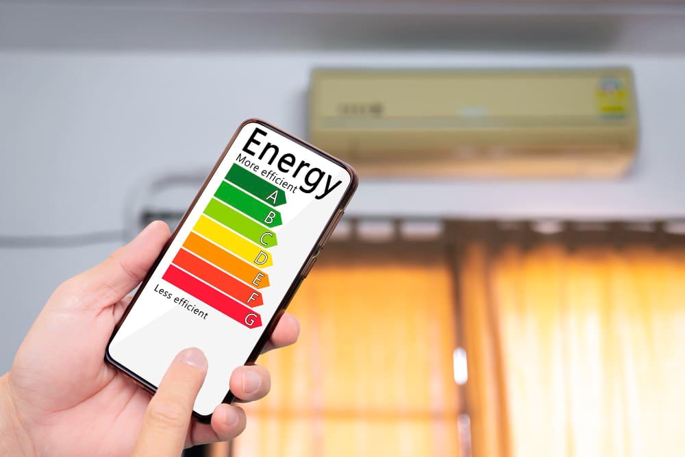 Zobrazenie energetického štítku klimatizácie na mobile.