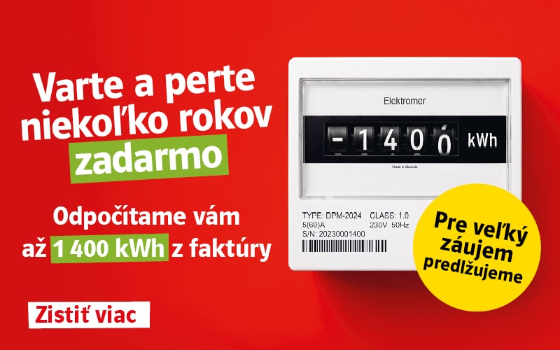 Pre veľký záujem predlžujeme: Varte a perte niekoľko rokov zadarmo. Odpočítame vám až 1 400 kWh z faktúry. Zistiť viac